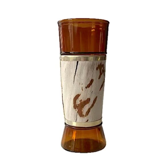 VTG Siesta Ware Tumbler Amber Glass w Walnut Wood Veneer Wrap Jacket - Picture 1 of 11